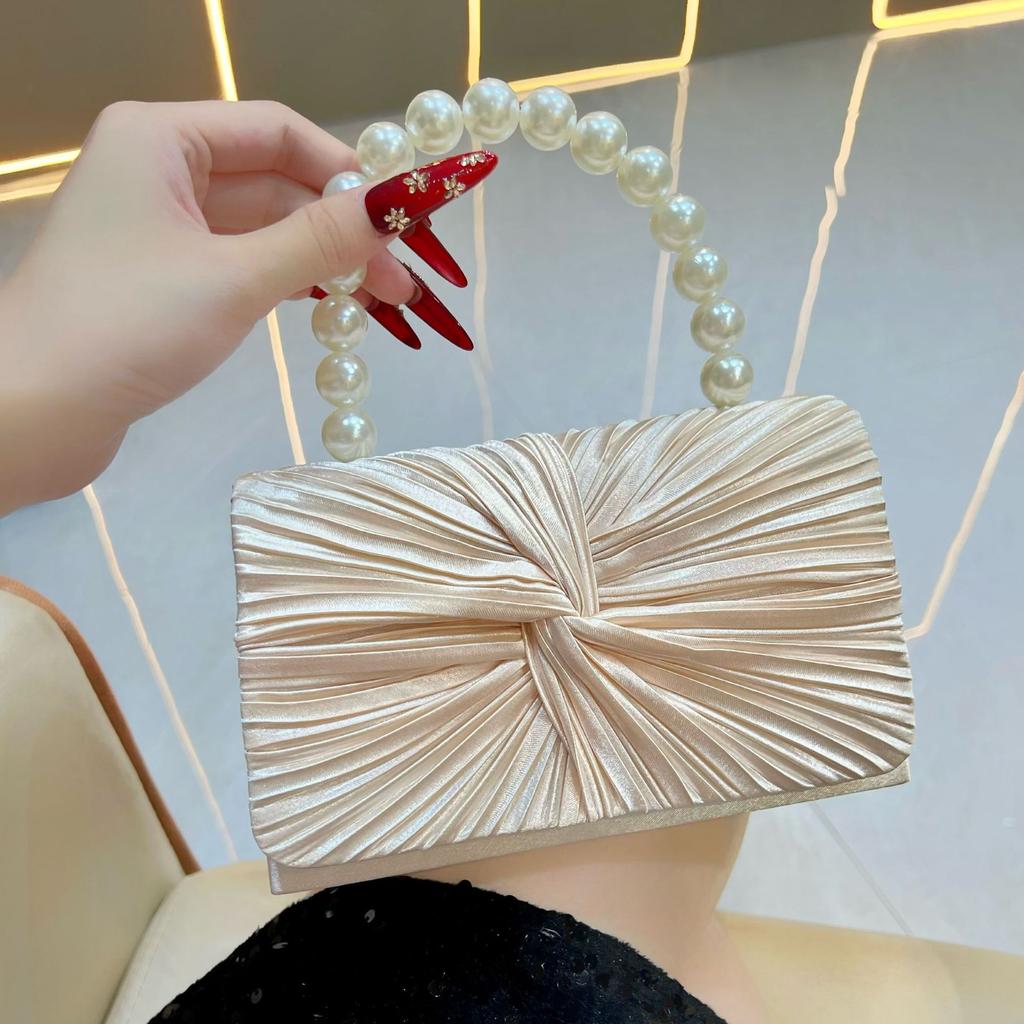 Women's Luxury Sweet Pleated Evening Bag Fashionable Pearl Handle Banquet Handbag Wedding Party Dress Bridal Dinner Clutches Bag