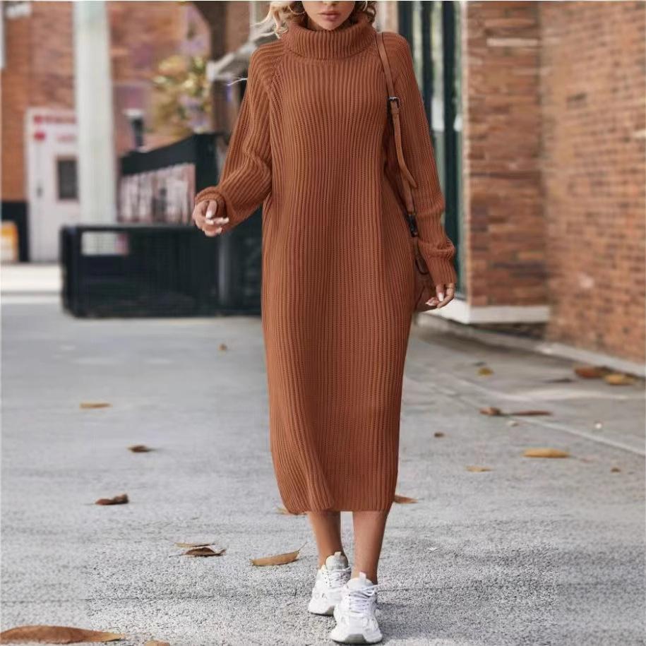2023 Long Sweater Skirt Over Knee Loose High Neck Knitted Dress Women's Bottom Dress