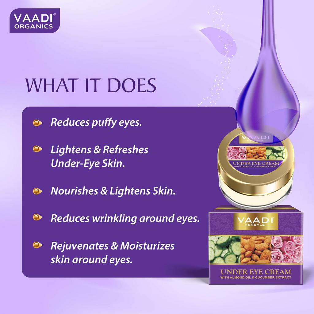 Vaadi Herbals Under Eye Cream 30g Almond Oil Cucumber Extract Pink Rose Moisturizer for Men