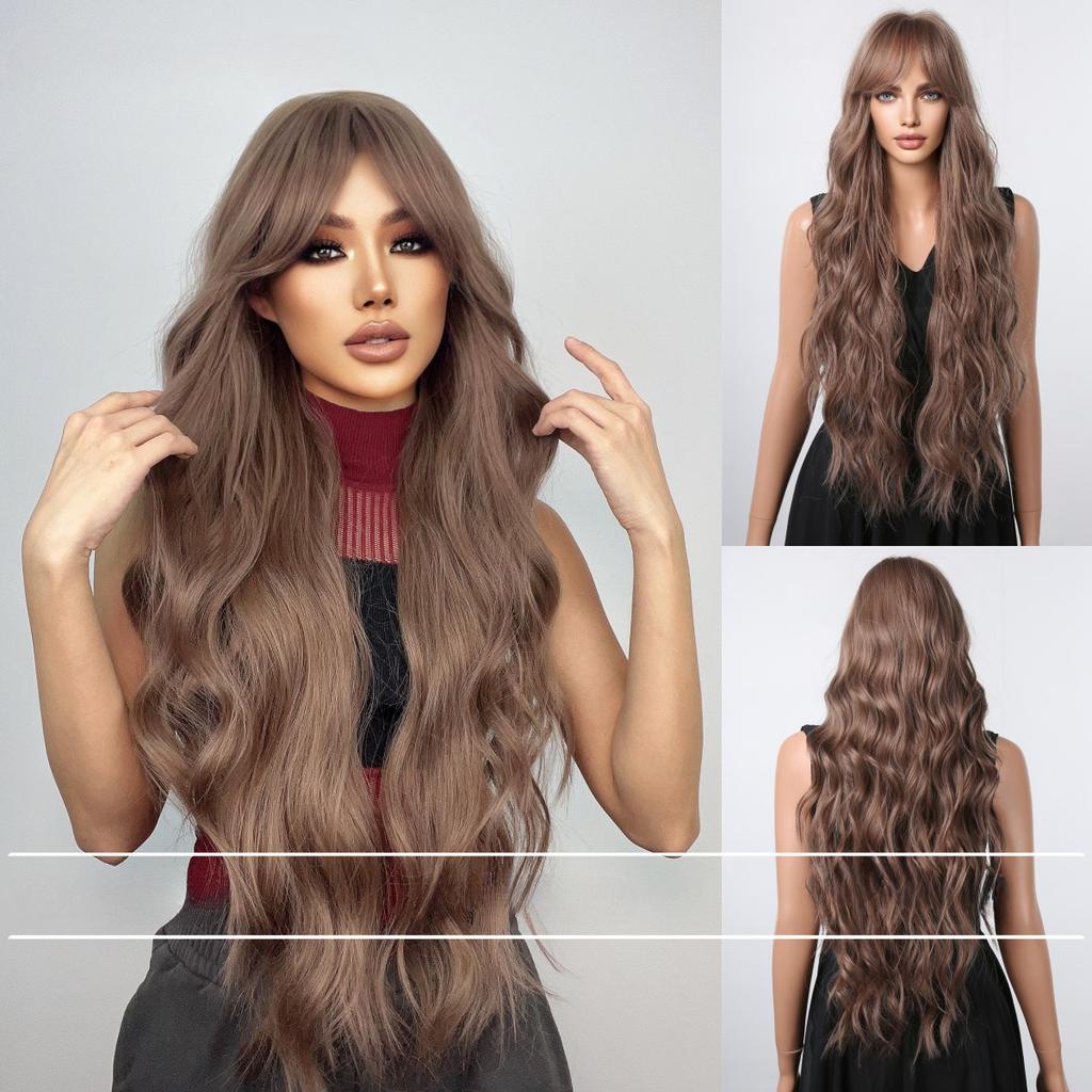 European and American Style Women's Long Gradient Brown Wig with Blunt Bangs Ladies Natural Looking Fluffy Water Wave Curls Wig