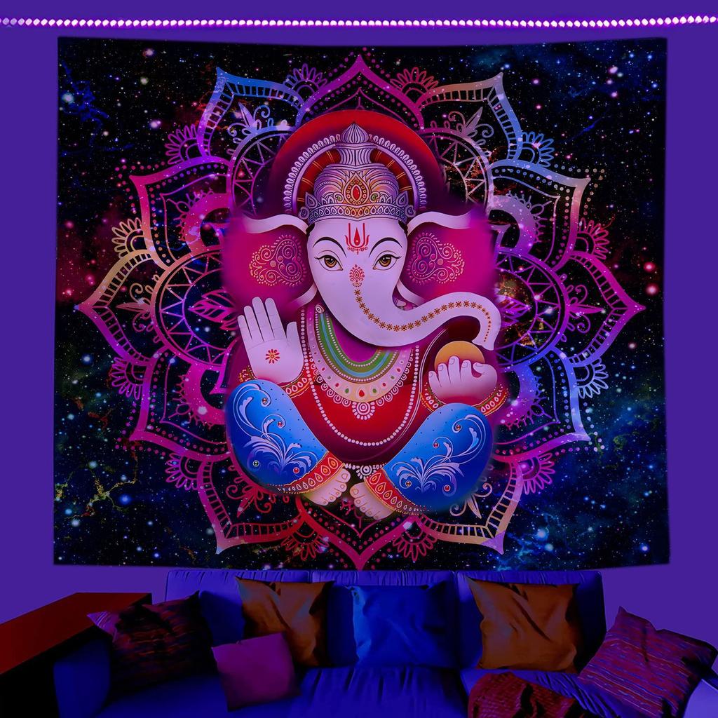 Blacklight Mushroom Skull Tapestry UV Reactive Trippy Wall Hanging Peach Skin 2D Print Psychedelic Bedroom Dorm Decor