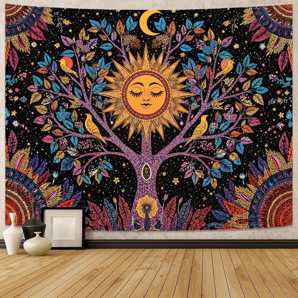 Vintage Mystical Tapestry, Golden Sun With Floral Border And Butterflies On Black Starry Background Wall Art For Aesthetic Room