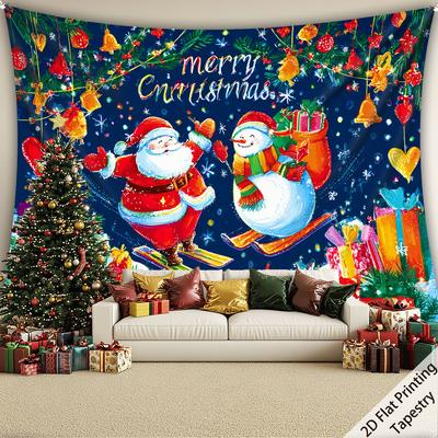 Extra Large Christmas Tapestry With Santa Claus, Snowman And Presents - Red Holiday Wall Hanging Decor For Living Room,