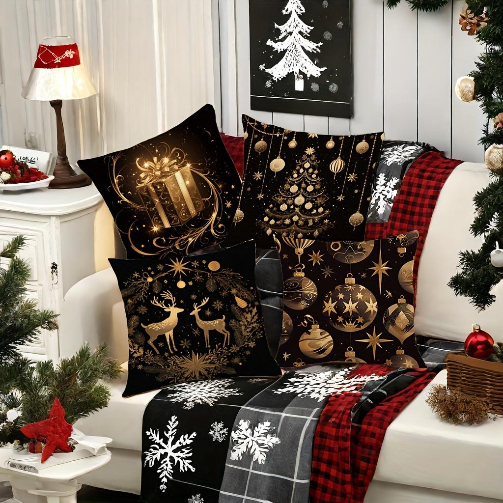 4-Piece Christmas Pillow Covers, Black Gold Print, Soft Fabric, Zipper Closure, For Holiday Home Decor