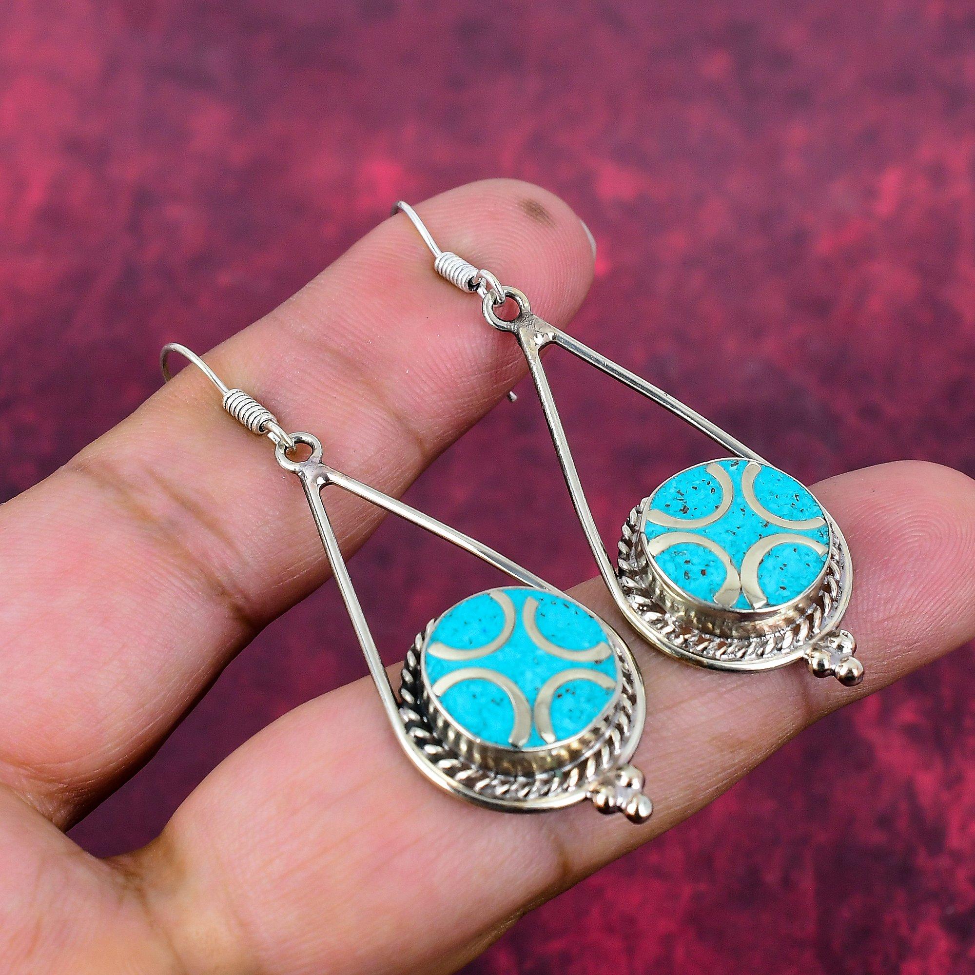 

Серьги ручной работы из голубого бирюзового драгоценного камня, антикварные ювелирные серьги из стерлингового серебра 925 пробы, для подарка на помолвку 2.32 Inches