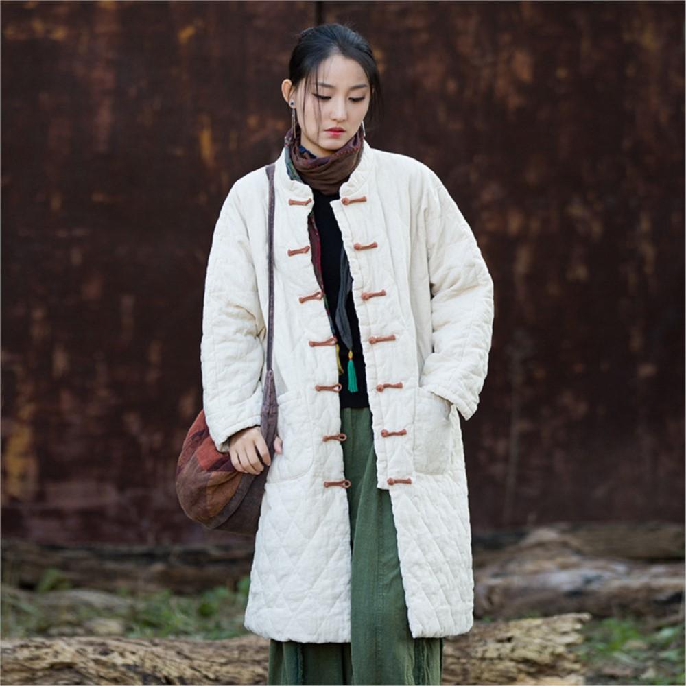 

Johnature Women Vintage Winter Warm Stand Long Sleeve Loose Coats Solid Color Chinese Style Pockets Button Coats One Size бежевий