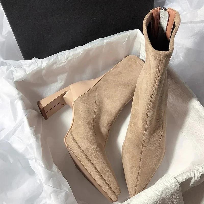 Women High Heels Pointed Toe Ankle Chelsea Boots Suede Chunky Fashion Walking Shoes 2025 Winter Brand Pumps Dress Zapatos Mujer