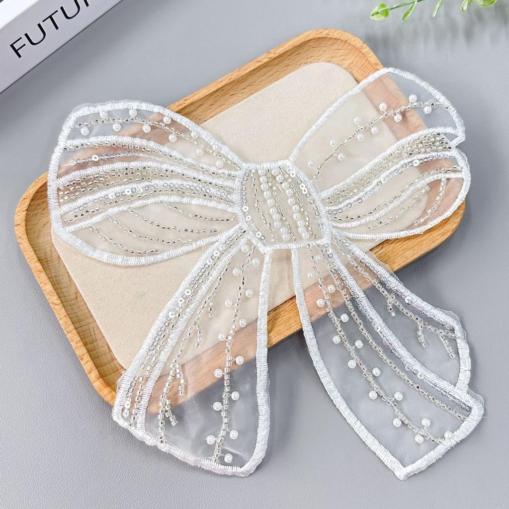 White Beaded Organza Bow Patch Sticker Clothing T-Shirt Top Children'S Clothing Decorative Cloth Sticker Accessories