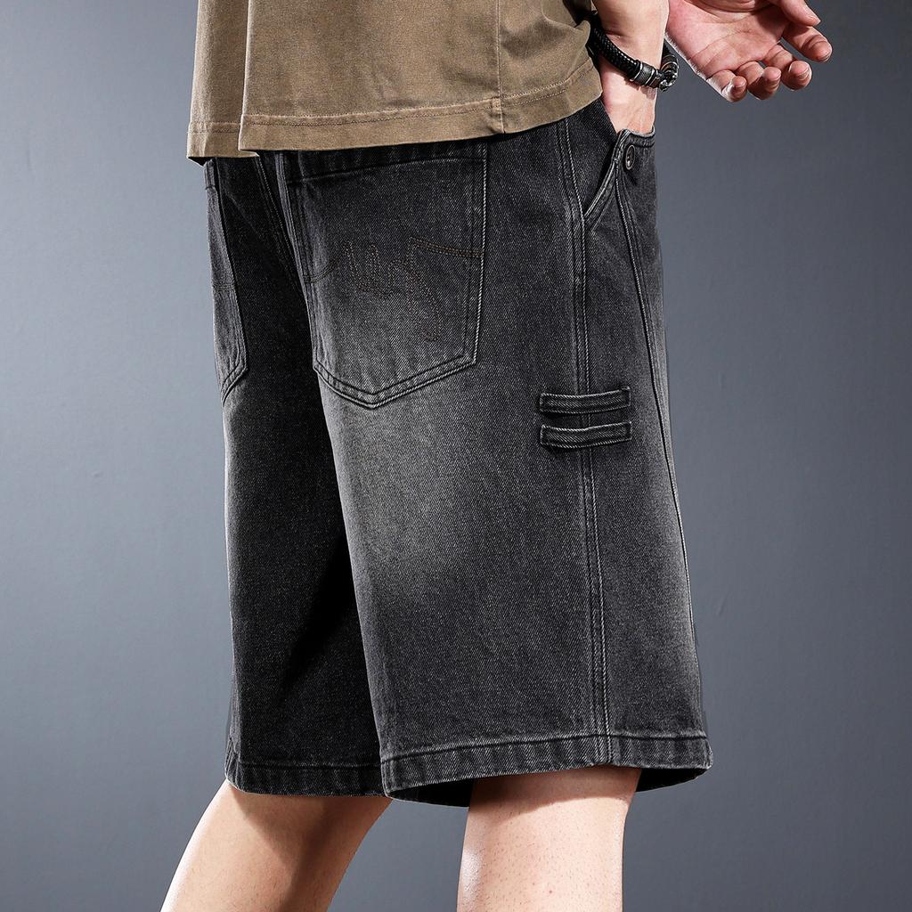 High-end American heavy men's denim shorts summer washed loose straight retro five-point medium pants men