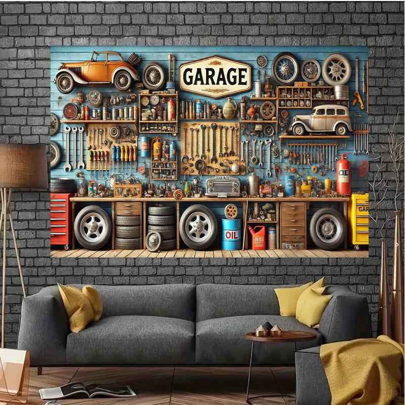 Vintage Garage Workshop Background Cloth - Ideal for Birthday Parties Photo Booths and Outdoor Celebrations