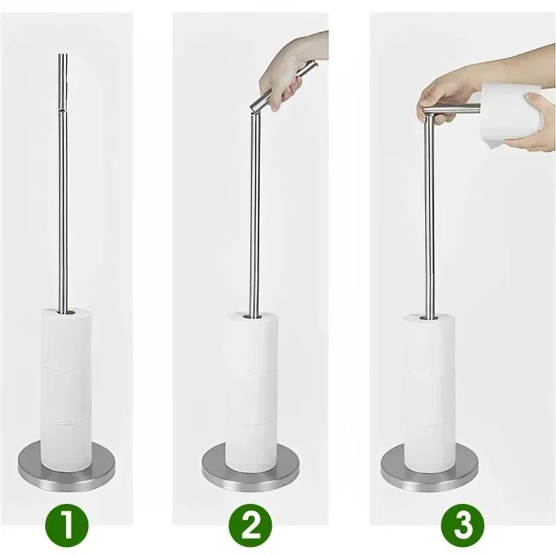 Stainless Steel Freestanding Floor-Mounted Paper Towel Holder - Single Pole Toilet Paper Storage Organizer for Bathroom &Kitchen
