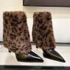 Leopard Fur Women Ankle Boots Pointed Toe Sexy High Heels Shoes 2025 Trend Fashion Leather Pumps Designer Winter Botas De Mujer