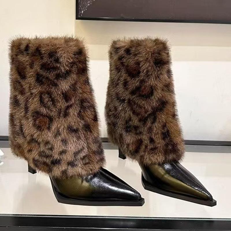 Leopard Fur Women Ankle Boots Pointed Toe Sexy High Heels Shoes 2025 Trend Fashion Leather Pumps Designer Winter Botas De Mujer