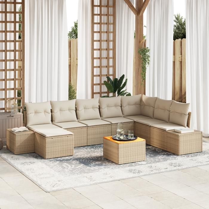 VidaXL Ensemble de Canapé de Jardin 9 Pièces avec Coussins Beige Poly Rotin Acacia 3347995