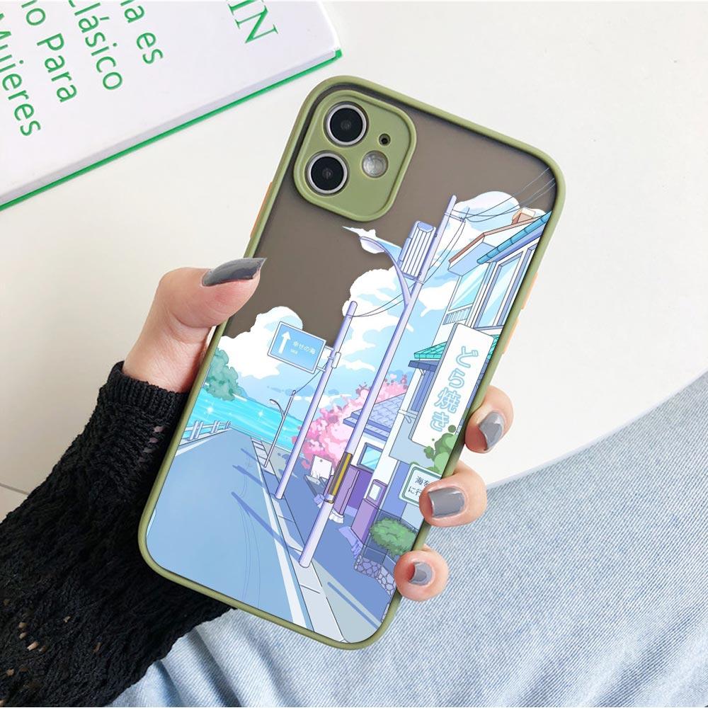 Matte Hülle für iPhone 11 12 13 14 Pm Pro Max XR X 8 7 Plus Pro XS Mini Skin Feeling Cover Japan Anime Handbemalte Hauslandschaft