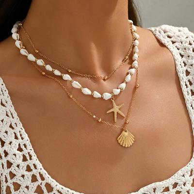 Collar Colgante de Estrellas de Mar y Conchas de Vieira Estilo Euro-Americano con Cadenas Multicapa