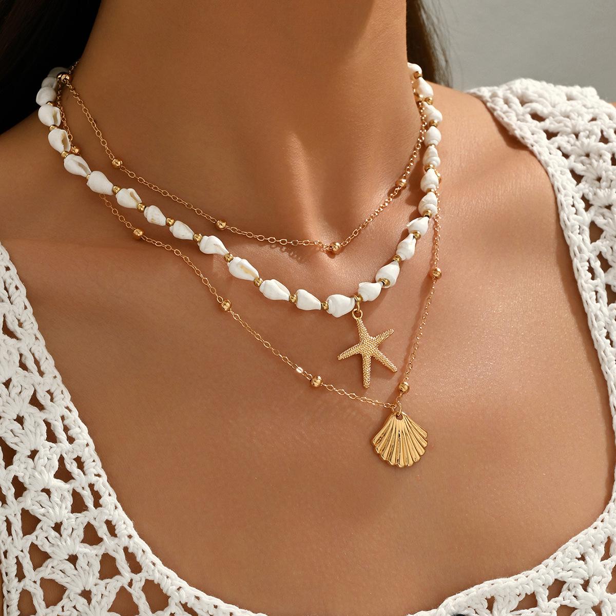 

European-American Ocean Starfish & Scallop Shell Pendant Necklace with Multi-Layered Chains