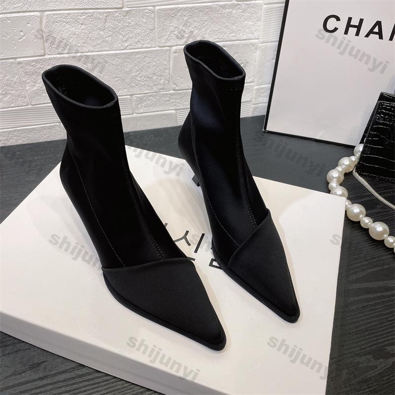 Women Pointed Toe Ankle Boots Elastic Leather Elegant Pumps Woman Autumn Winter New Sexy Party Chelsea Boots Socks Botas Mujer