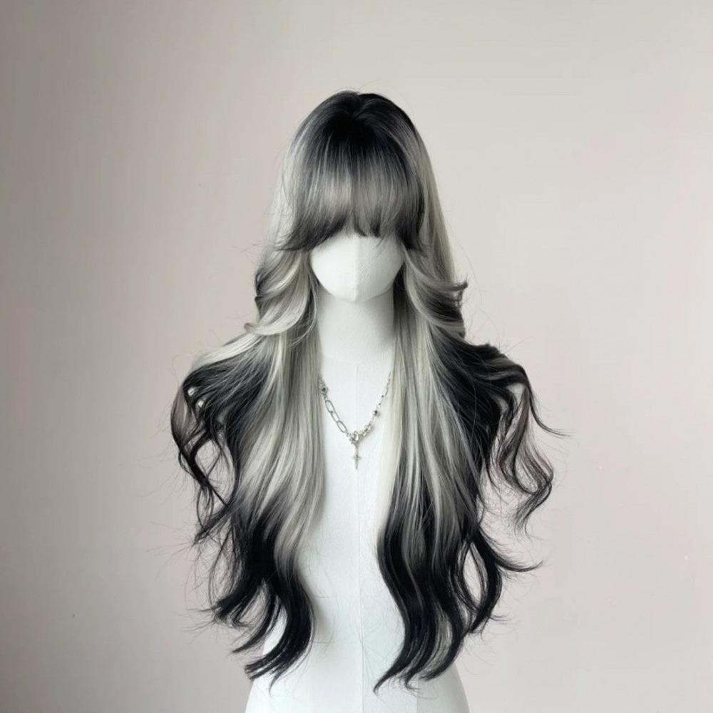 Halloween Long Body Wave Wigs Air Bangs Lolita Cosplay Wigs Black and Gray Gradient Wigs for Women