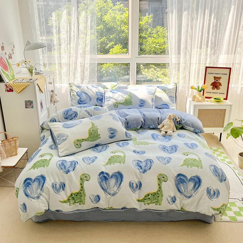 Winter Thick Warm Milk Coral Fleece Bedding Set Ins Fresh Duvet Cover Single