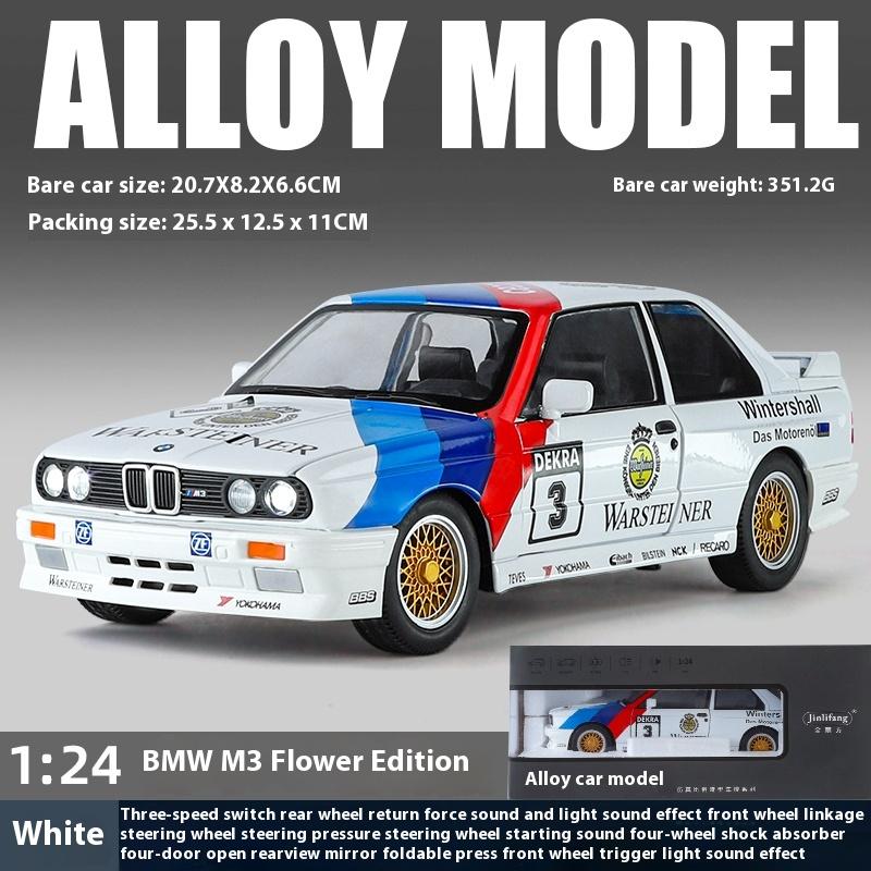 1/24 Scale BMW M3 E30 1988 Mpower Floral Version Alloy Diecast Painting Car Model Sound Light Private Collectibles Decorative Gifts