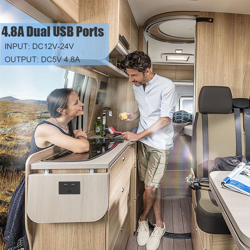 12V/24V USB-Ausgang 4.8A Dual-USB-Ladebuchse Wasserdichtes Autoladegerät-Panel mit Schalter für Auto Marine Boot Wohnmobil Bus LKW