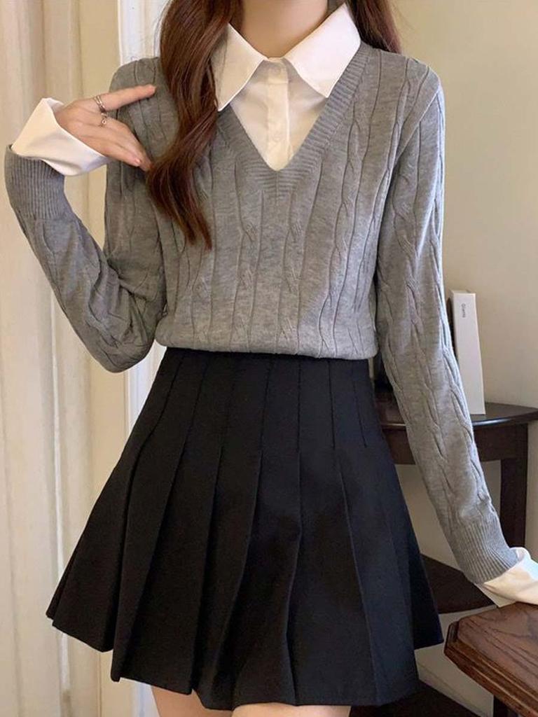 Women's Knitted Sweater Autumn Winter Shirt Collar Sweater Long Sleeved Top Fashion Clothing