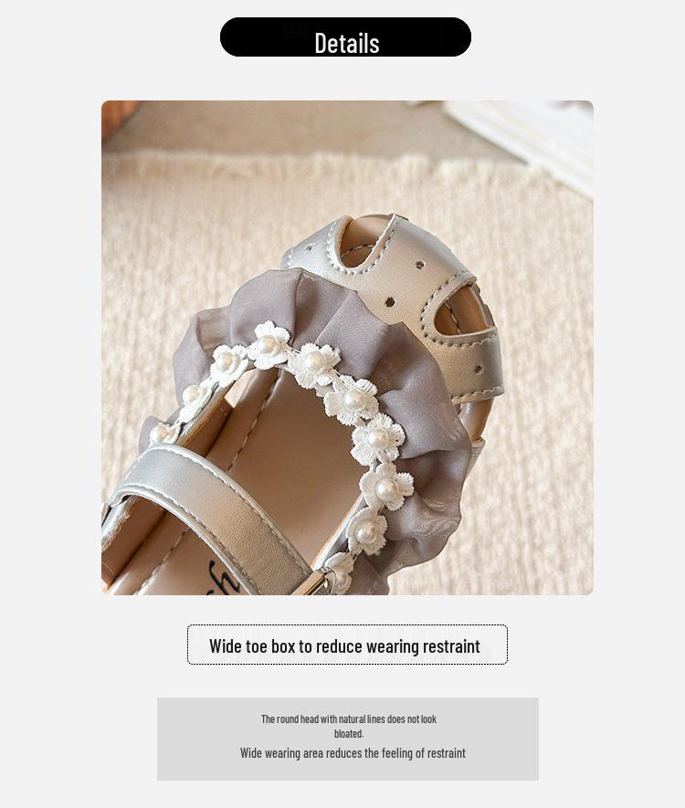 Pearl Princess Korean Style Lace Sandals for Girls - Summer Soft Sole 2026