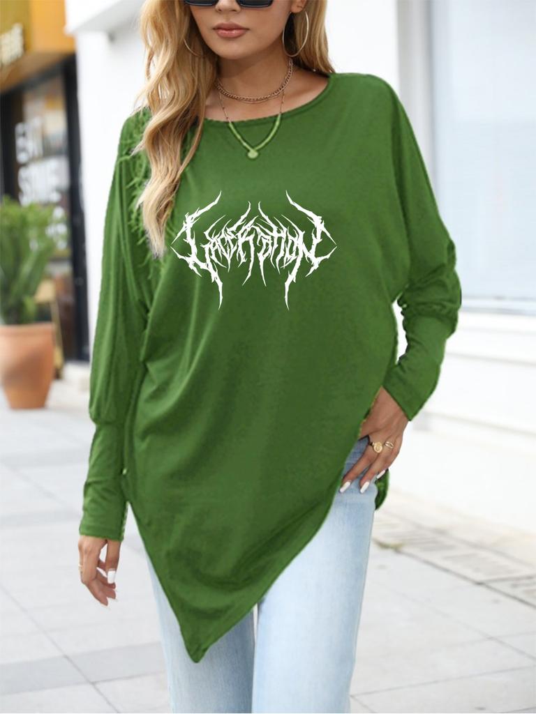 Women's Oversize Long-Sleeve Spring/Fall Asymmetrical Hem T-Shirt Fashion Printed Logn Sleeve Top