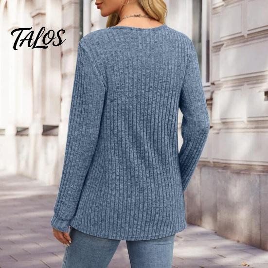 Damen Langarm Tops Geripptes Top, Lockere Freizeitbluse mit Knopf, Einfarbiger Pullover Rundhals-T-Shirt für Frühling Herbst Knopf