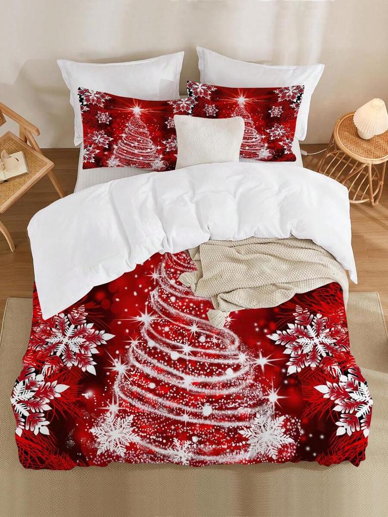 3-teiliges Bettbezug-Set mit Weihnachtsmotiv Rot Weihnachtsbaum-Druck Bettwäsche-Set Weicher Bequemer Bettbezug für Schlafzimmer Gästezimmer