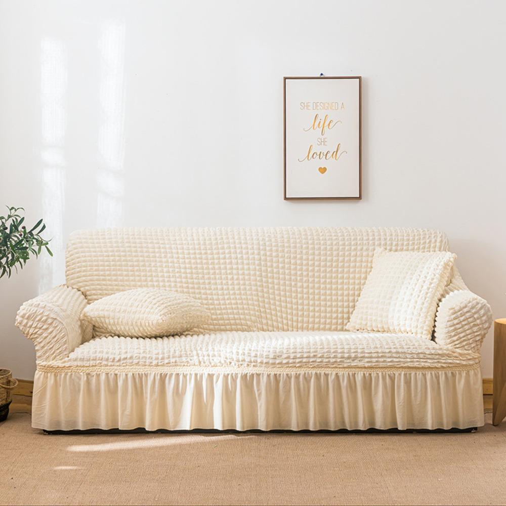 Stretchable Couch Cover Full Wrap Universal Skirt Anti Slip Cat Proof Bubble Weave All Season Sofa Protector