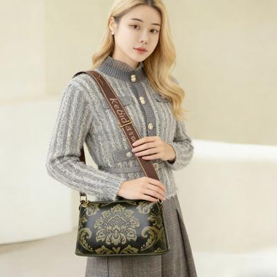 Luxuriöse Retro Blumengeprägte Leder Umhängetasche für Damen – Modische Schultertasche mit breitem Riemen, Lässige tägliche und Reise Handtasche