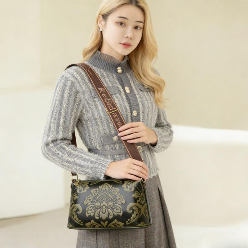 Luxury Retro Floral Embossed Leather Crossbody Bag for Women – Fashion Shoulder Bag with Wide Strap, Casual Daily & Travel Handbag