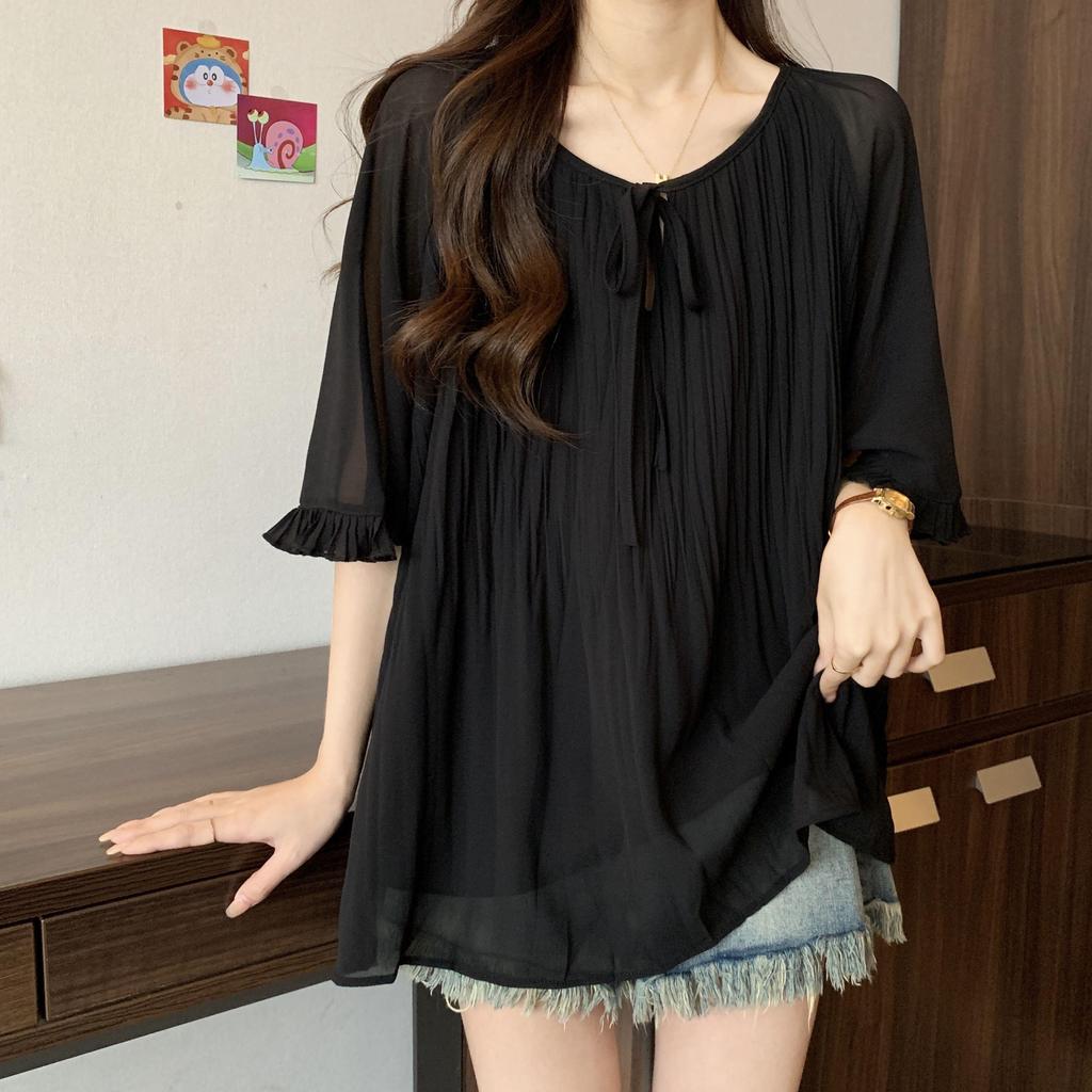 Plus Size Summer French Style Midi Shirt Women's Fashion Slimming Short Sleeve Chiffon Top Round Neck Fly Sleeve Urban Style