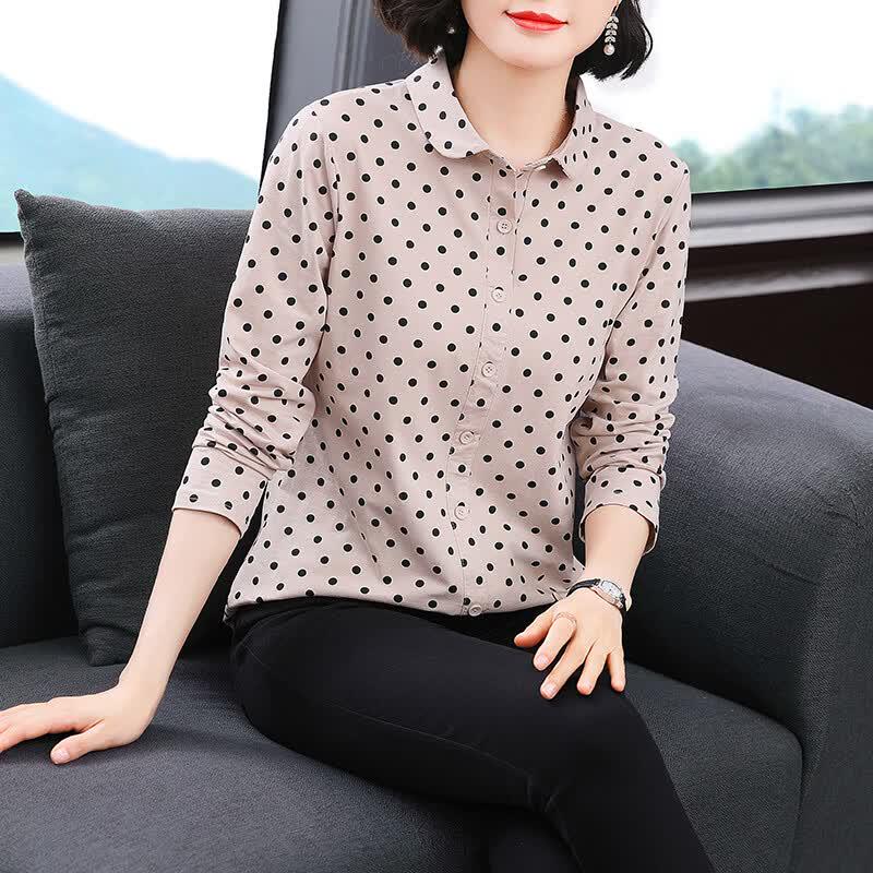 Elegant Women's Polka Dot Lapel Long-Sleeve T-Shirt
