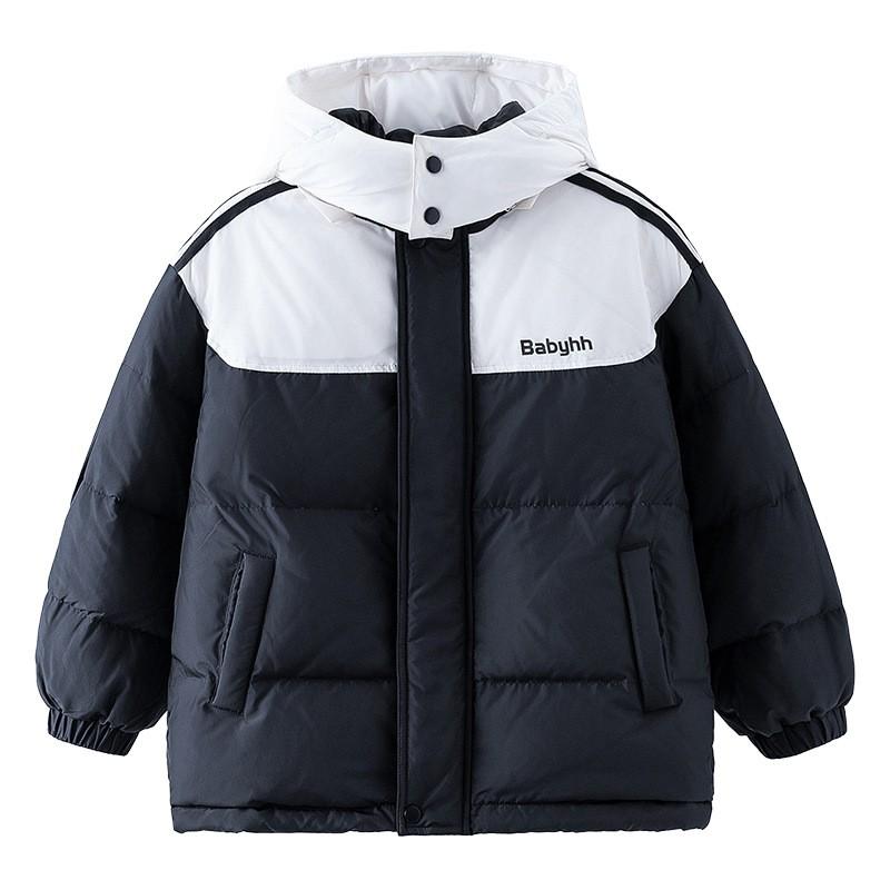 Boys Winter Hooded Down Jacket Color Block Short Thick Warm Windproof Coat Kids