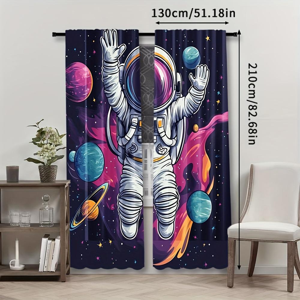 2pcs Astronaut Space Themed Curtains, Contemporary Semi-Sheer Polyester Drapes, Rod Pocket Hanging, Machine Washable, All-Season