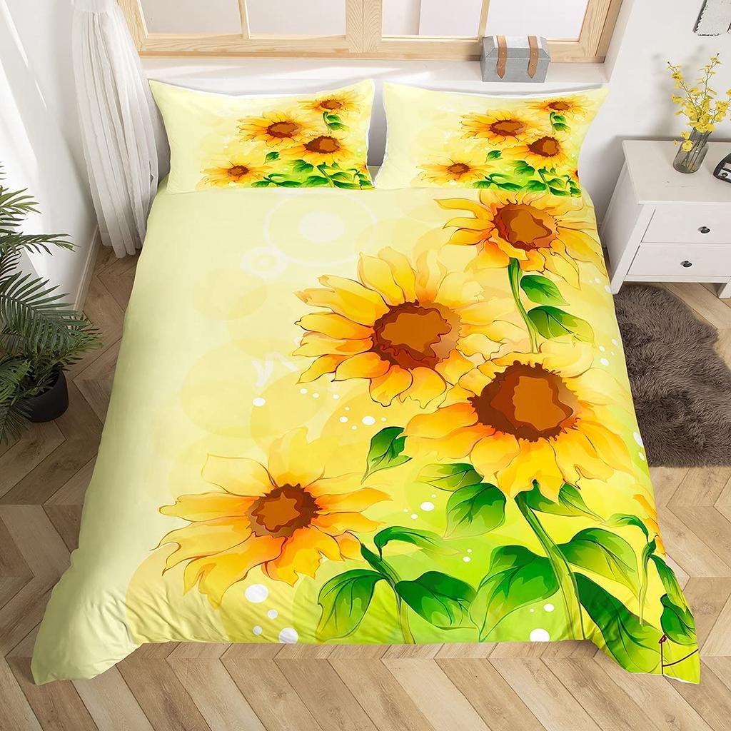 Sunflower Duvet Cover Set Polyester Comforter Cover Pink Tie Dye Bedding Set Yellow Petal Floral For Kids Girls Women King Size