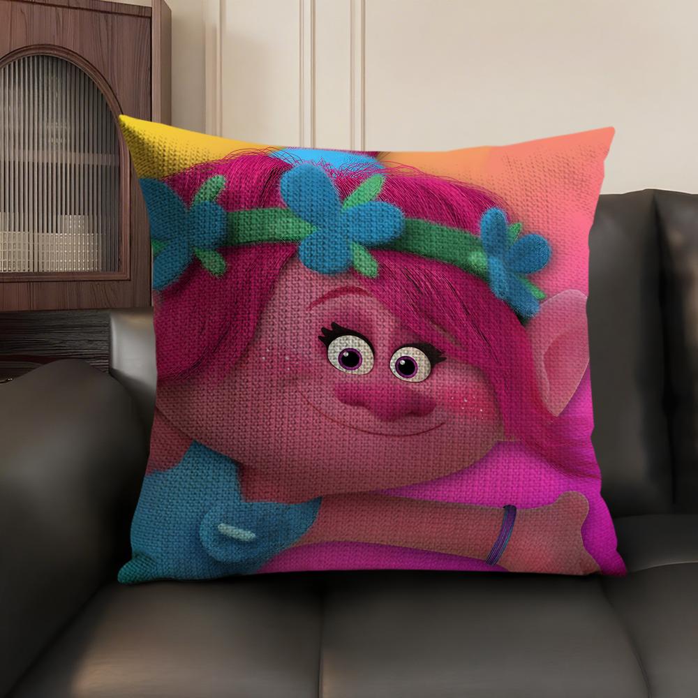 T-Trolls Cartoon Cushion Cover Natural Linen Organic Fabric Double-Sided Printing Sofa Home Decor Gift Pillow Case