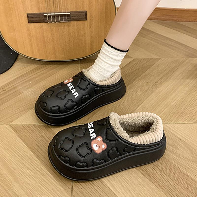 Fashion Comwarm Winter Fluffy Slippers For Women Waterproof Concise Cotton Slides Plush Lining Slides Furry Warm Cozy Women's Slippers