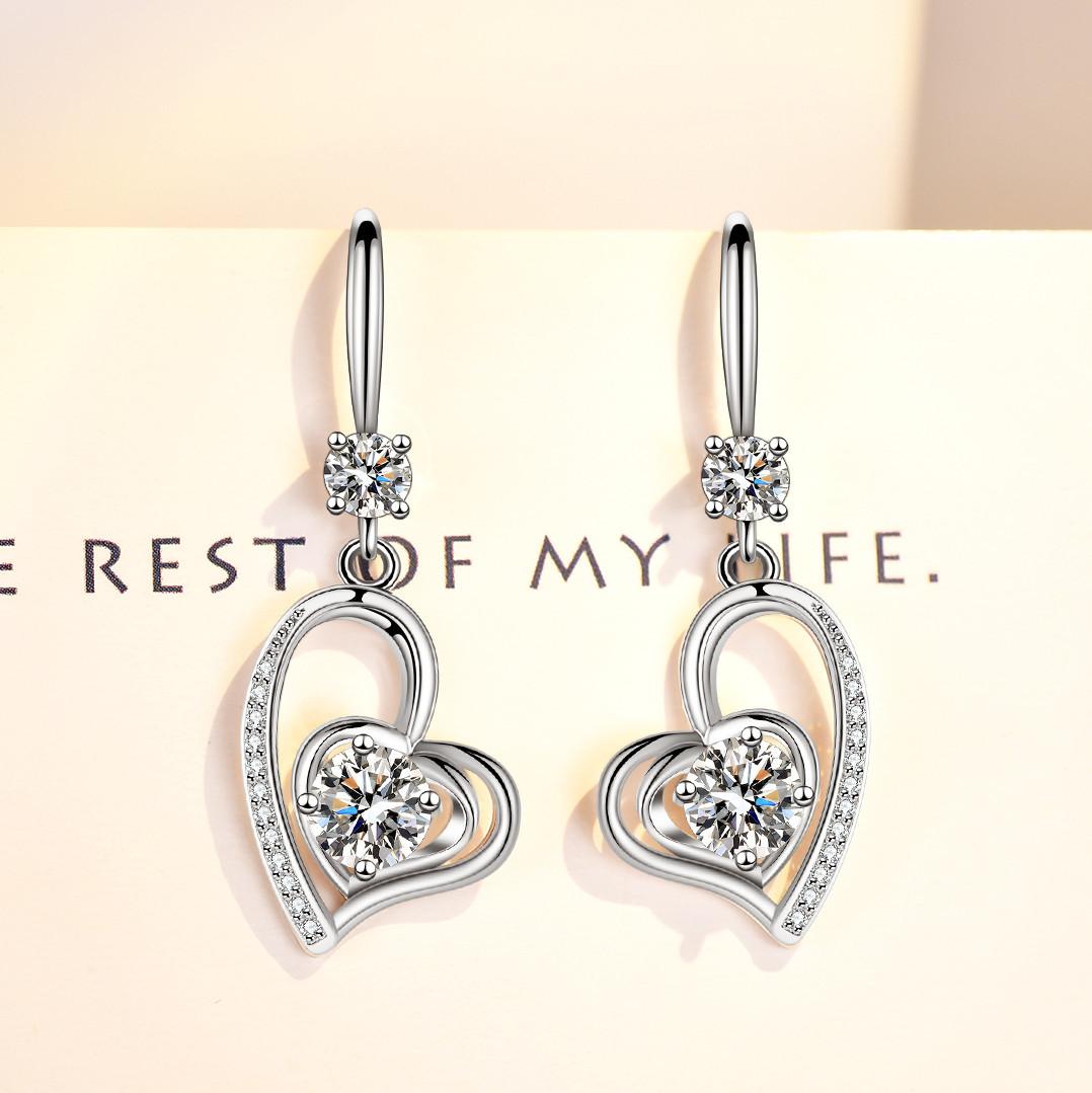 

925 Sterling Silver New Women s Fashion Jewelry High Quality Blue Crystal Zircon Mid-length Heart-shaped Hook Earrings