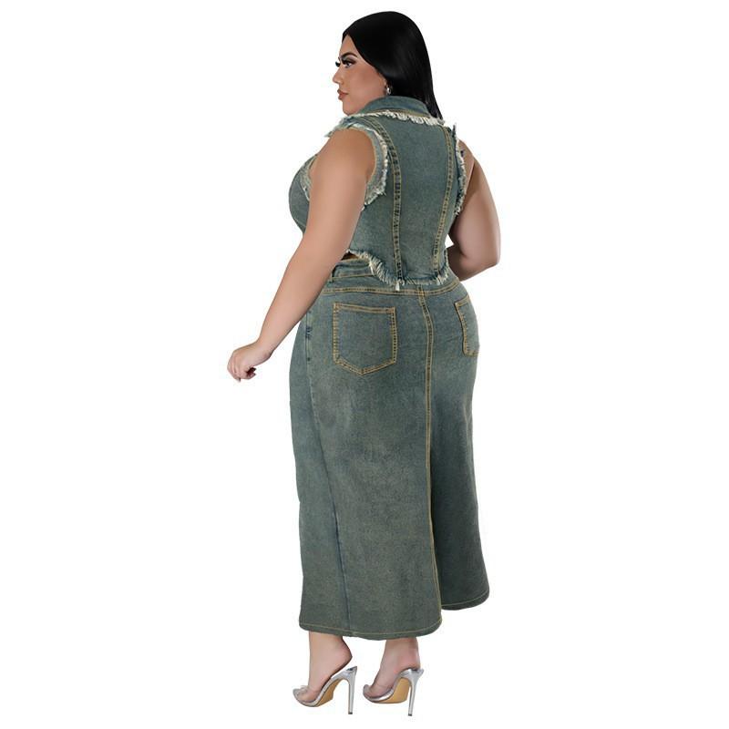 Plus Size Womens Denim Sleeveless Long Skirt Set With Fringe Zipper Split Detail Outfit