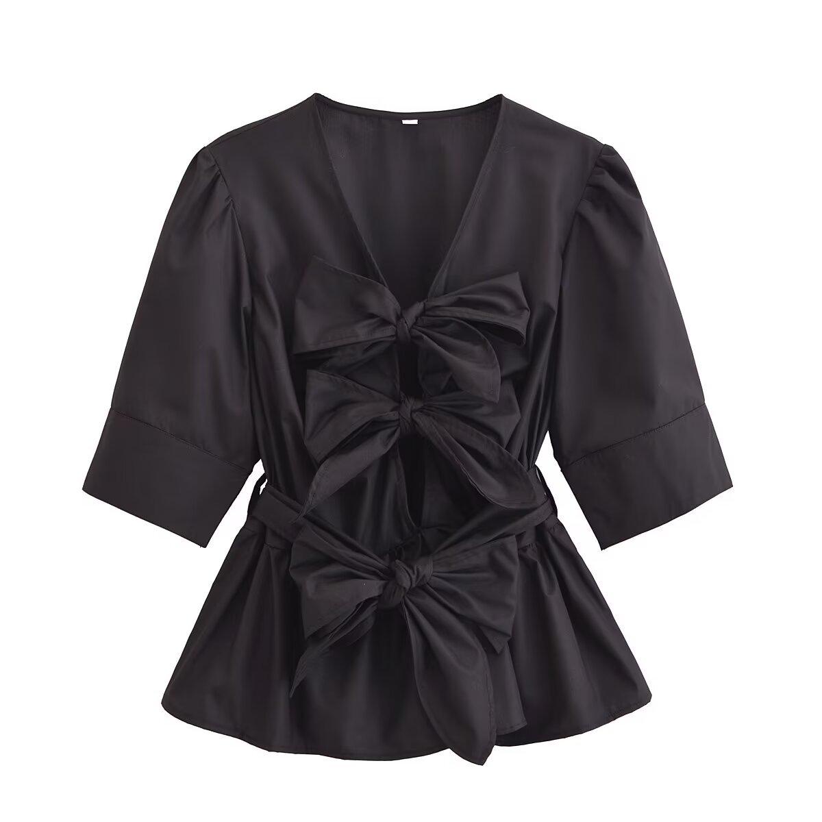 

Весна 2025 Женская мода Рубашка с V-образным вырезом, завязками и рукавами-фонариками в двух цветах M чёрный