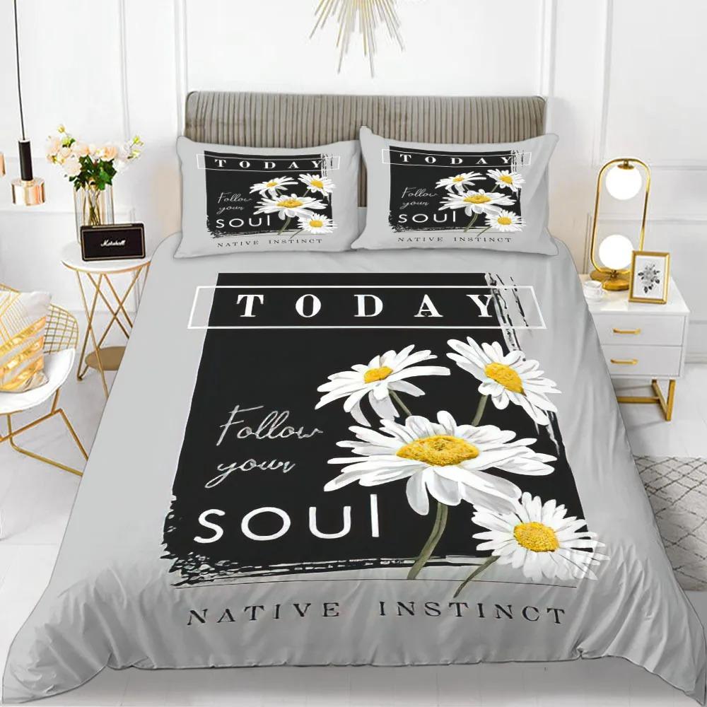 Alphabet Flower Duvet Cover Set Microfiber Flowers Be Your Best Pattern Bedding Set For Teens Girls King Size Soft Quilt Cover