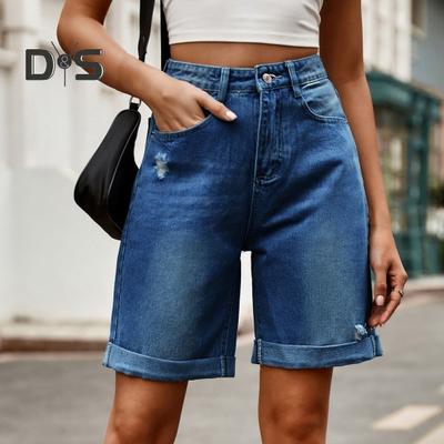 Pantaloncini Jeans Estivi da Donna a Vita Media al Ginocchio Elasticizzati Casual a Gamba Larga Dritta Distressed con Risvolto Pantaloncini Jeans con Tasche