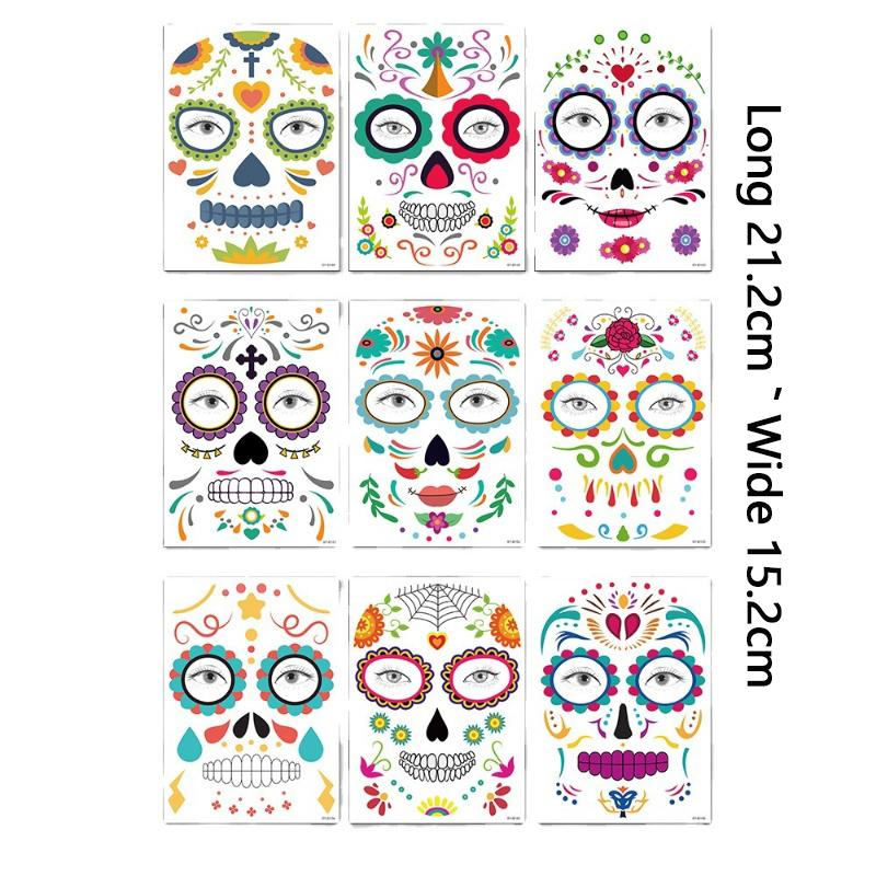 9pcs/set Halloween Face Tattoo Sticker Halloween Skull Ghost Butterfly Rose Fake Tattoo Masquerade Party Sticker Day of the Dead