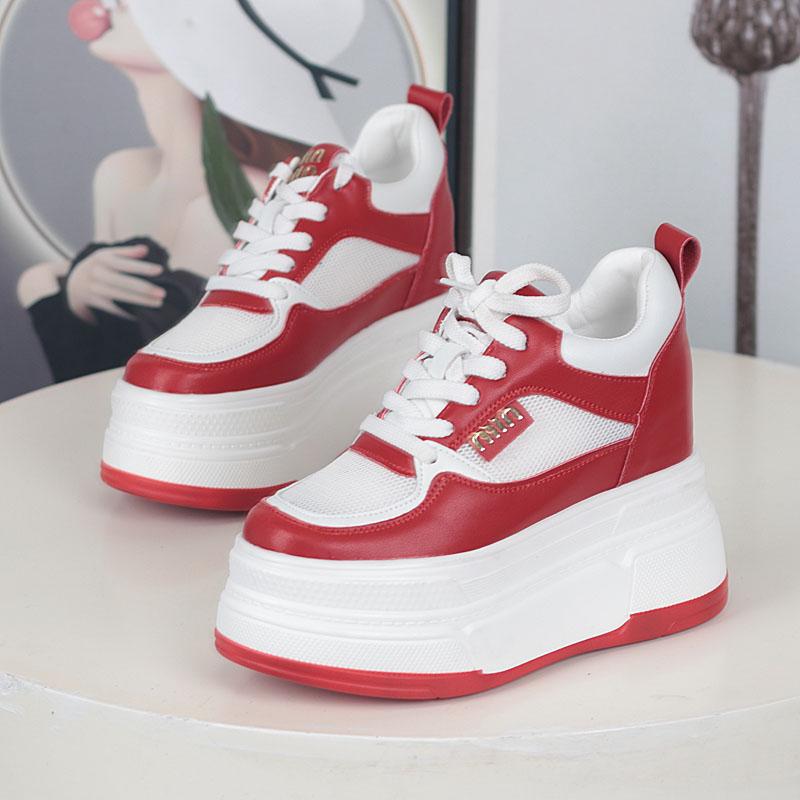 Fashion 12CM Women Casual Walking Shoes Summer Autumn Lace Up Leather High Quality Sneakers Fashion Flat-Bottomed Female Chunky Sneakers