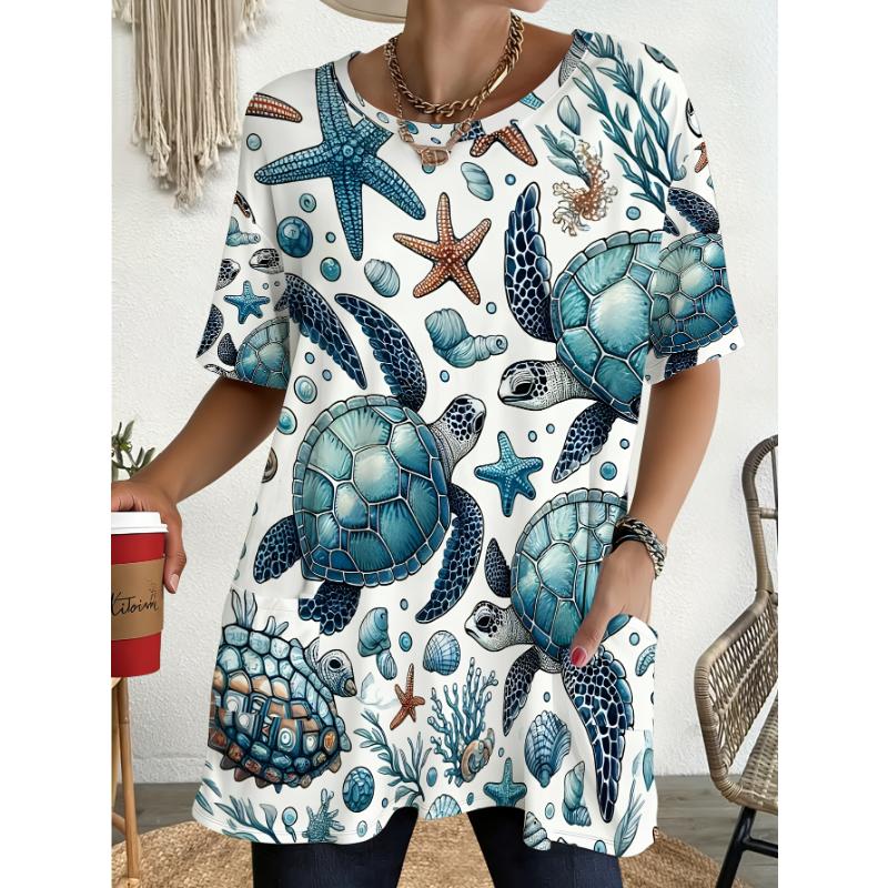 

Women Large Turtle Sea Star Coral T-shirt - Full body pocket, breathable round neck casual summer wear with pockets 1XL