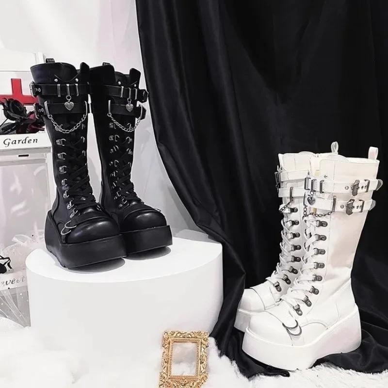 Fashion Motorcycle Boots Platform Boots for Women Wedges Knee High Black Lace Up Fashion Goth Gothic Boots Punk Shoes Girls Winter